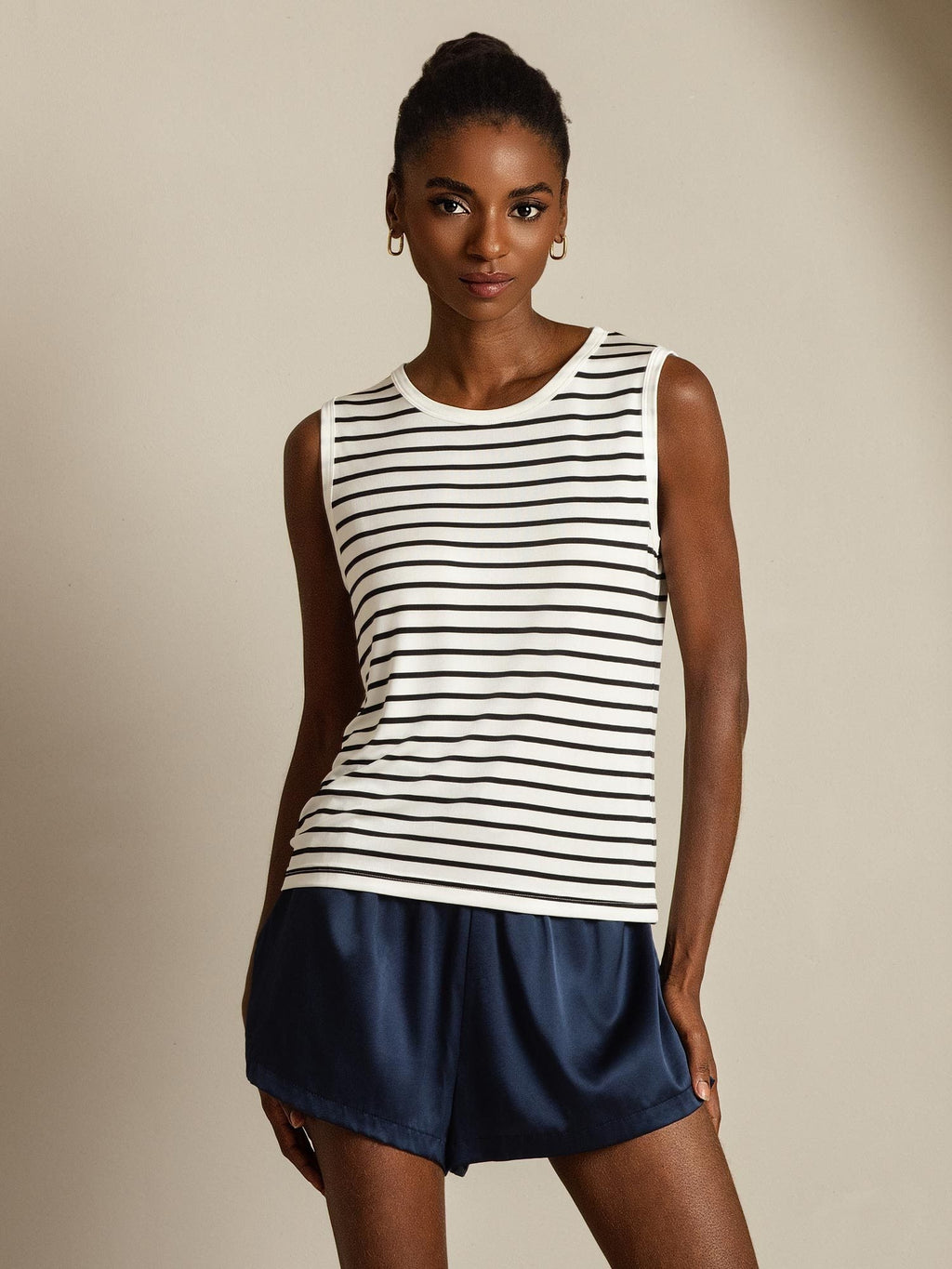 Women's Pure Silk Round Neck Sport Stripe Print Tank Top