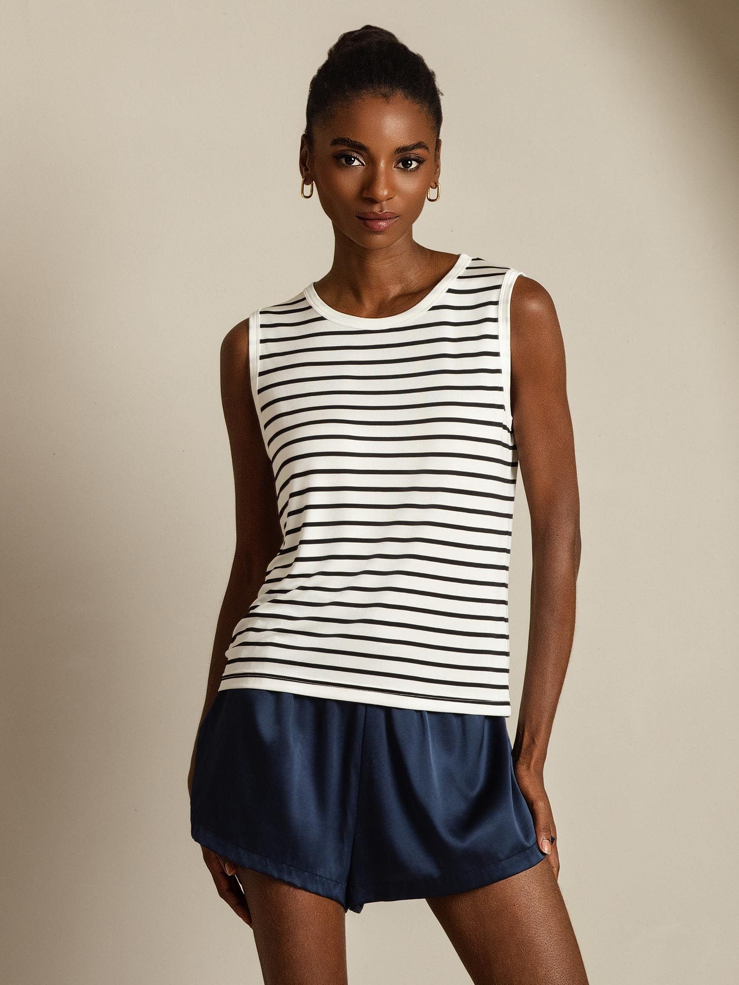 Women's Pure Silk Round Neck Sport Stripe Print Tank Top