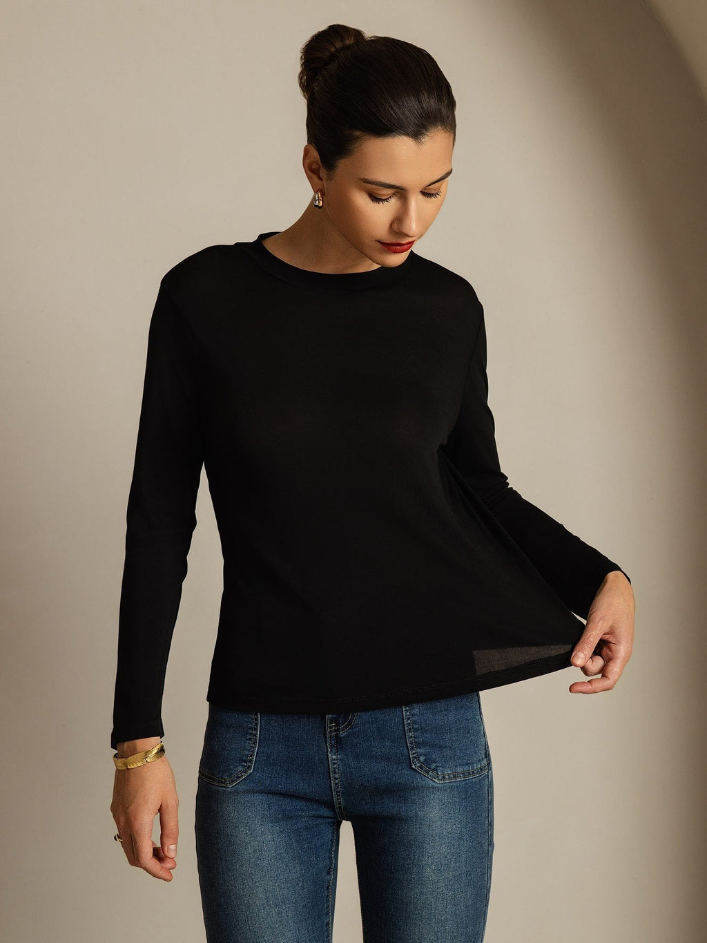 Women's Pure Silk Long Sleeve Round Neck Top