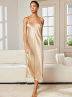 100% Mulberry Silk Spaghetti Strap V-neck Midi Nightgown