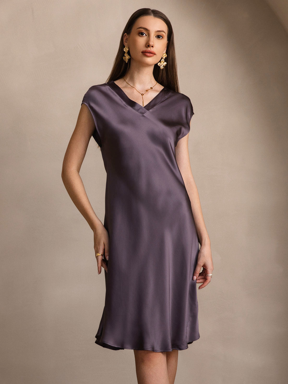 100% Mulberry Silk Cap Sleeve V-neck Midi Nightgown