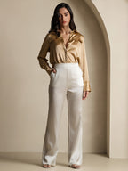 19Momme Silk High Waist Straight Fit Women's Pants with Back Elastic Waist Design