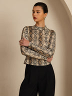Pure Silk Wild Animal Print Women's Long Sleeve Mock Neck Top