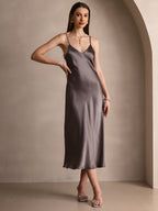 100% Mulberry Silk Spaghetti Strap V Neck Midi Dress