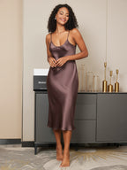 100% Mulberry Silk Spaghetti Strap V-neck Midi Nightgown