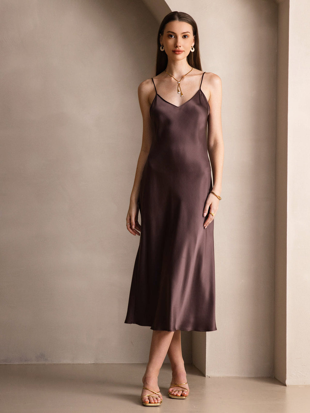 100% Mulberry Silk Spaghetti Strap Midi Long Dress