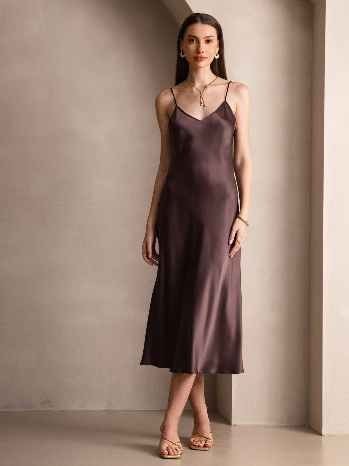 100% Mulberry Silk Spaghetti Strap Midi Long Dress