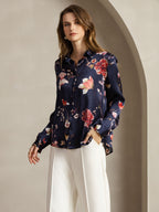 19Momme Silk Navy Floral Print Long Sleeve Lapel Collar Women's Shirt