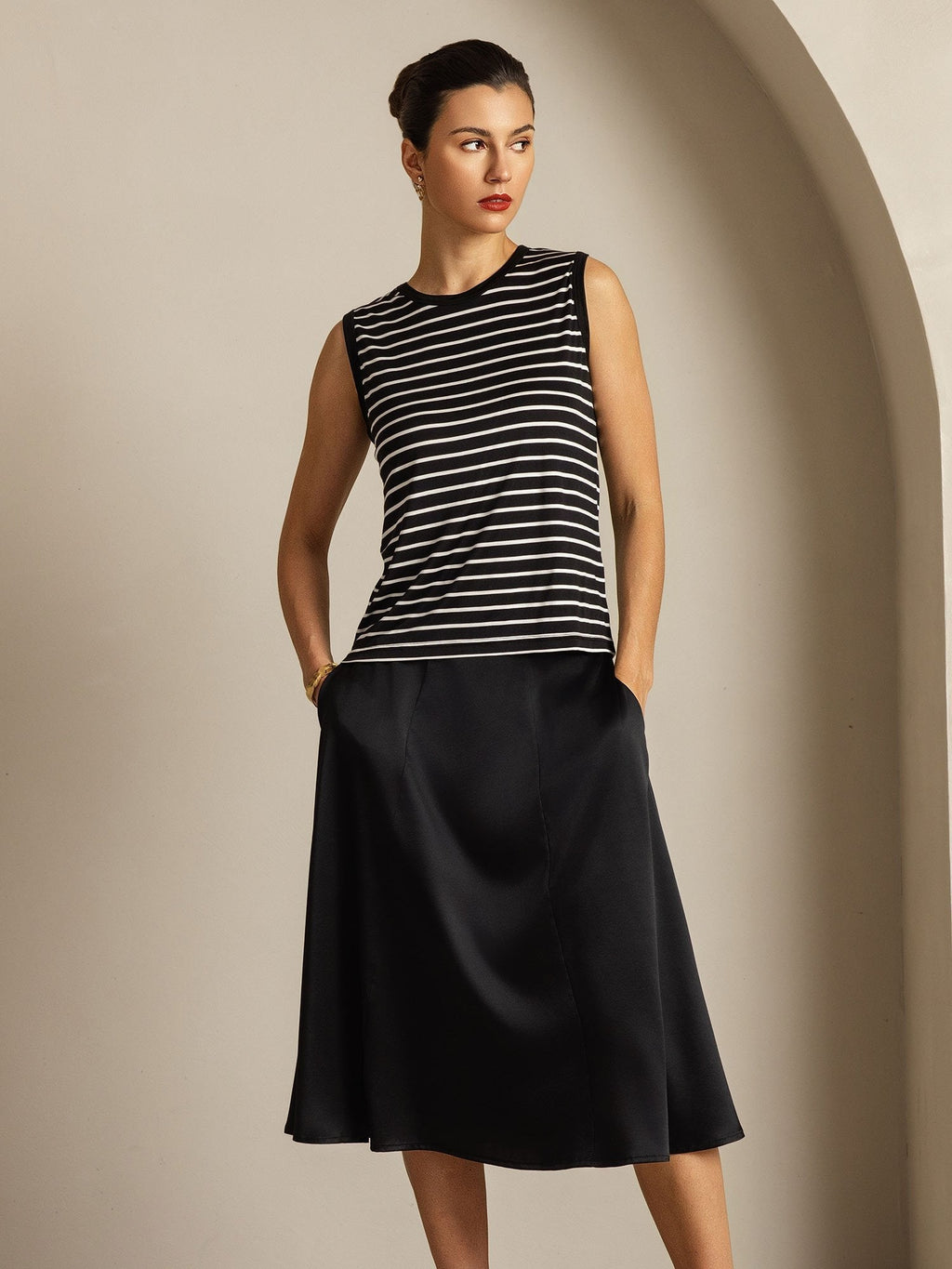 Women's Pure Silk Round Neck Sport Stripe Print Tank Top