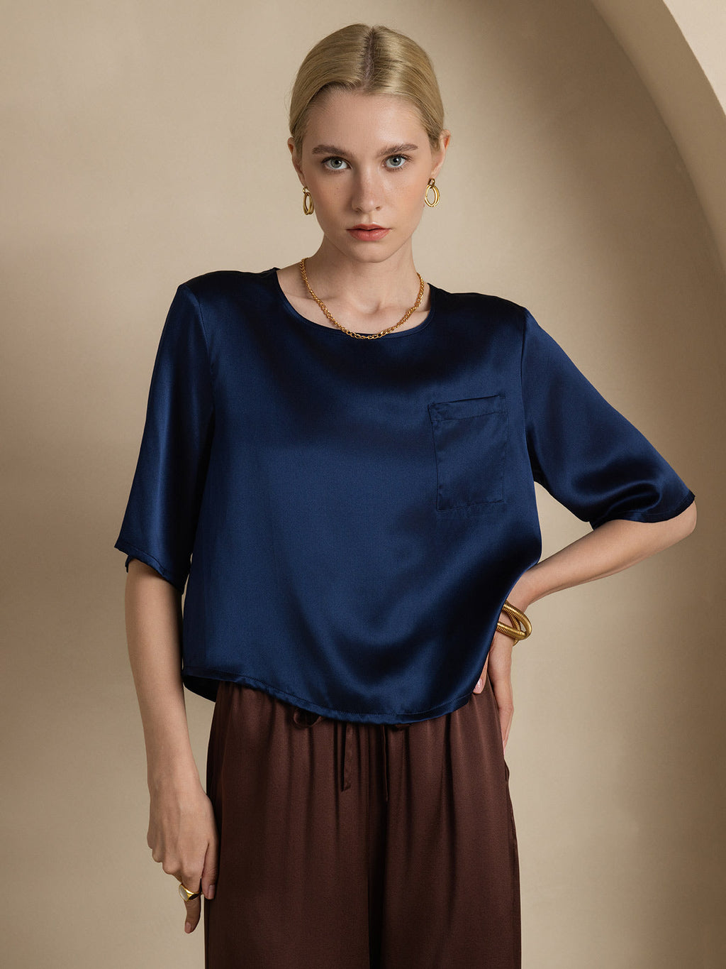 100% Mulberry Silk Women's Blouse Short Sleeve Boxy Crop Top
