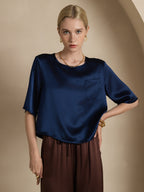 100% Mulberry Silk Women's Blouse Short Sleeve Boxy Crop Top