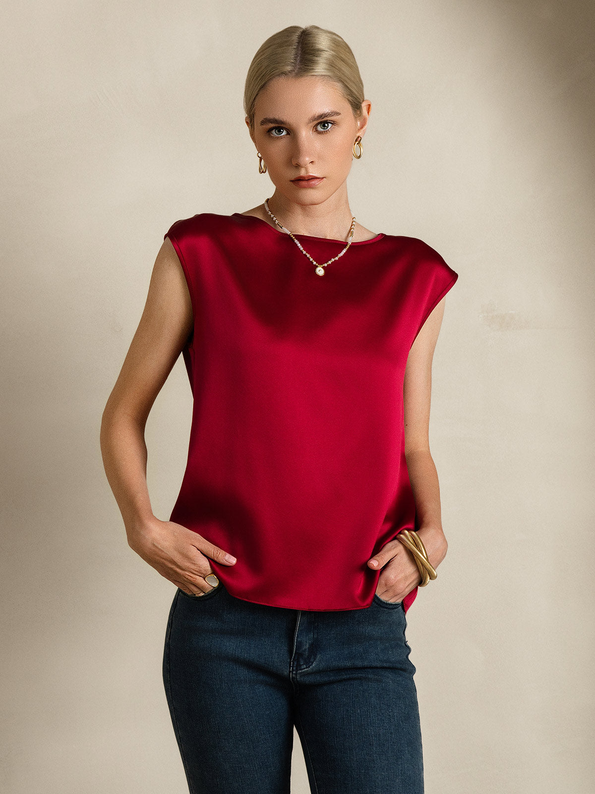 19Momme Women's Silk Cap Sleeve Round Neck Top