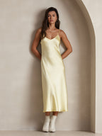 100% Mulberry Silk Spaghetti Strap V Neck Midi Dress