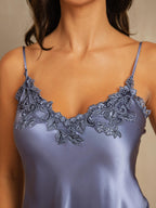 100% Mulberry Silk Spaghetti Strap Short Nightgown with Lace V-Back Design