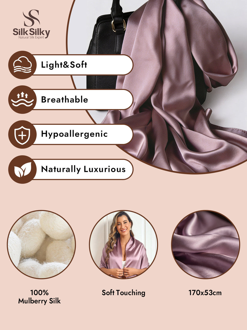 100% Mulberry Silk Long Scarf/Shawl 170x53cm/67