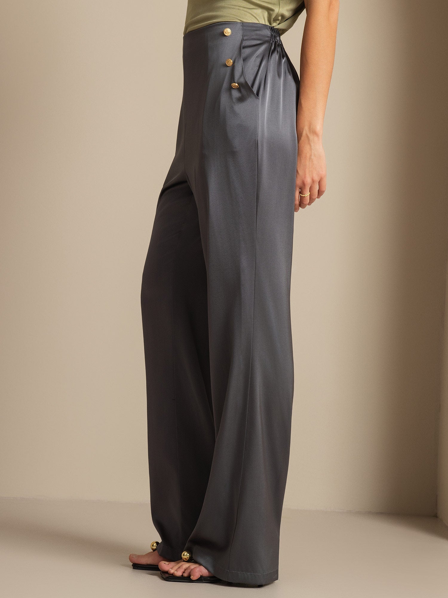 19Momme Silk High Waist Straight Fit Women's Pants with Back Elastic Waist Design