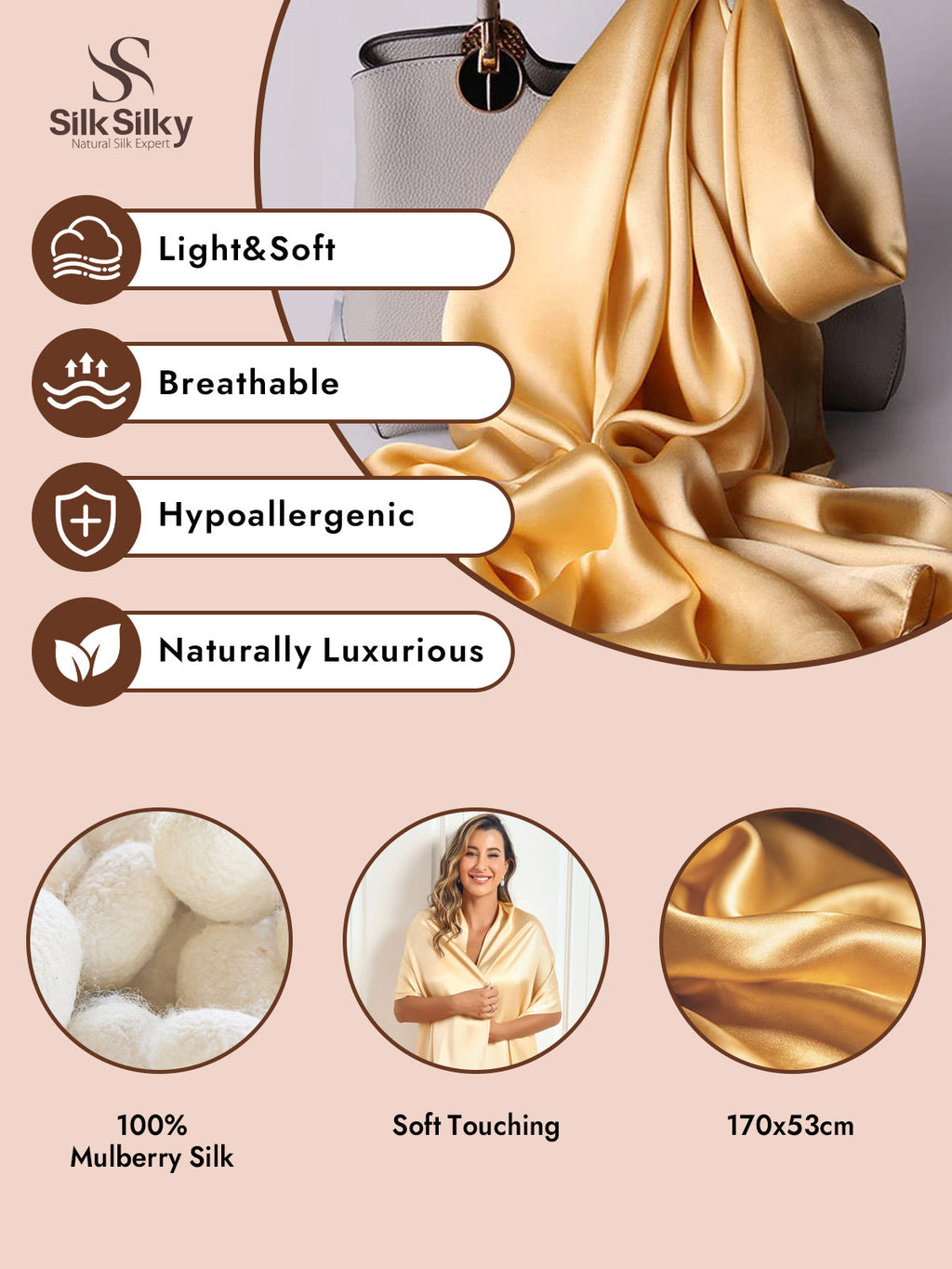 100% Mulberry Silk Long Scarf/Shawl 170x53cm/67