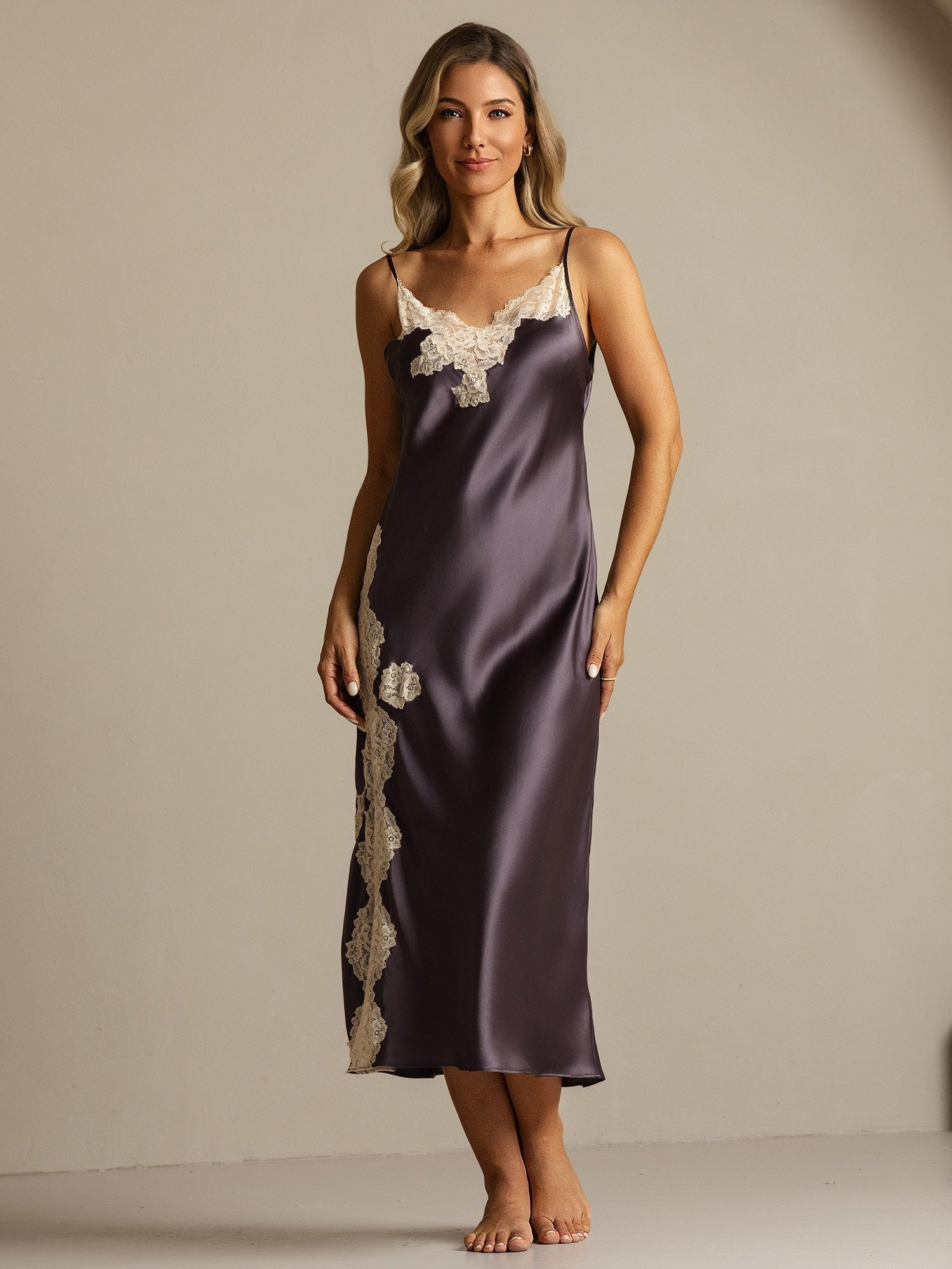 100% Mulberry Silk Spaghetti Strap Long Nightgown with Lace Split Design