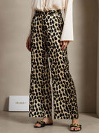19Momme Silk Leopard Print Straight Leg Women's Pants With Side Pockets Design