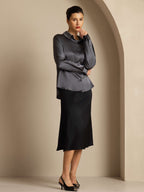19Momme Silk Long Sleeve Lapel Collar Women's Shirt with Button Up Design