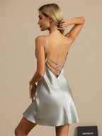 100% Mulberry Silk Spaghetti Strap V-neck Short Nightgown with Lace Criss Cross Back
