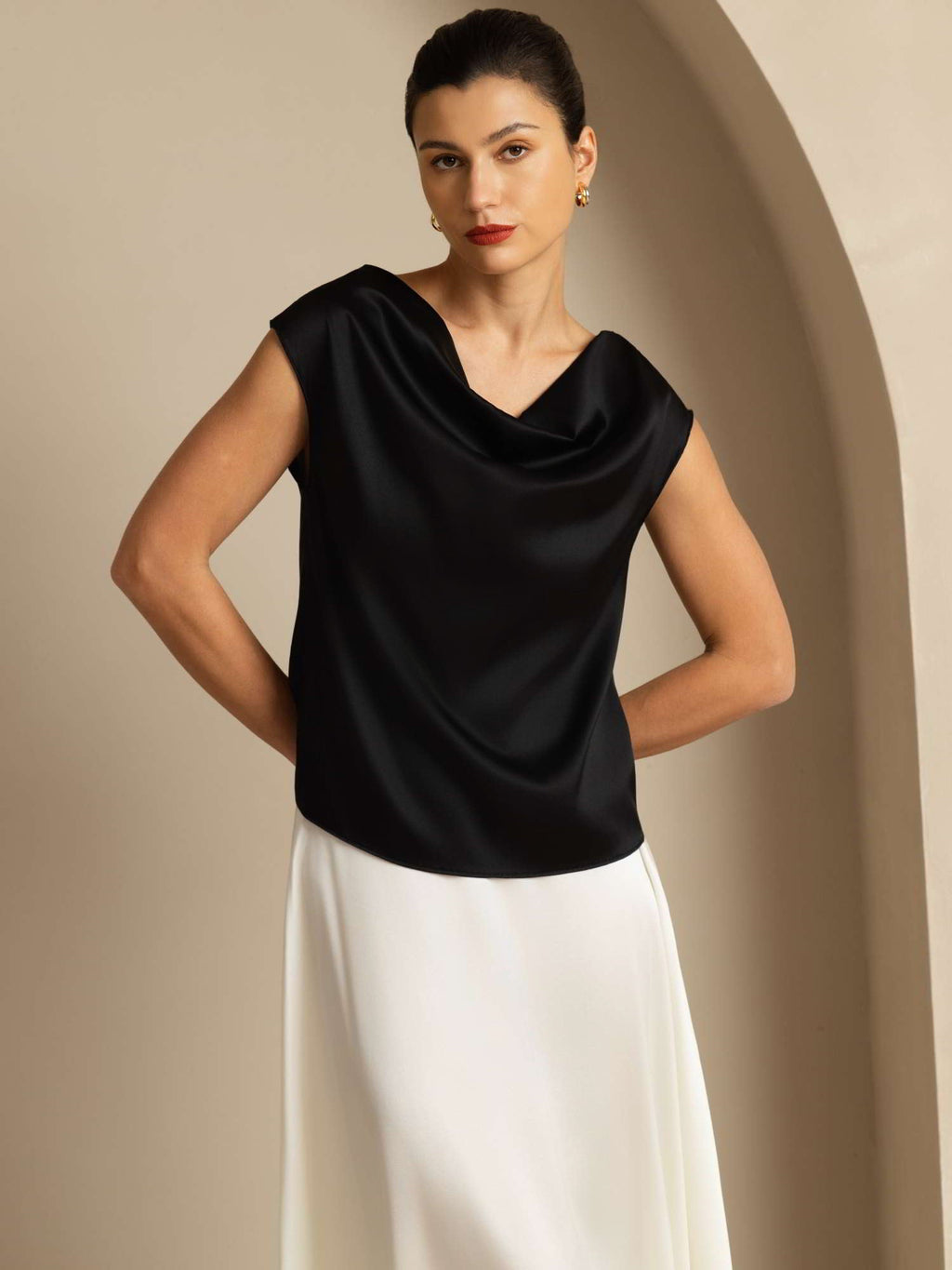 19Momme Silk Cap Sleeve Cowl Neck Women's Top