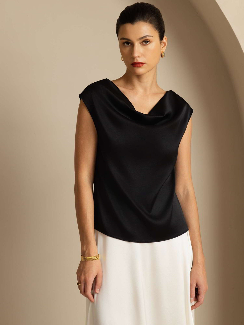 19Momme Women's Silk Cap Sleeve Cowl Neck Top