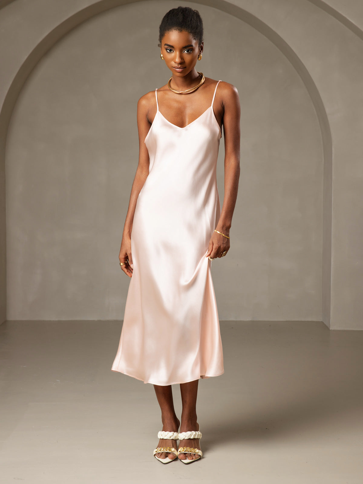 100% Mulberry Silk Spaghetti Strap Midi Long Dress