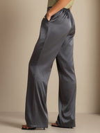19Momme Silk High Waist Straight Fit Women's Pants with Back Elastic Waist Design