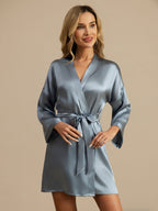 100% Mulberry Silk 3/4 Sleeve Short Women's Kimono Robe with Wrap Design