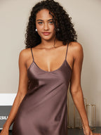 Women's 100% Mulberry Silk Spaghetti Strap V-neck Midi Nightgown