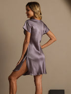 100% Mulberry Silk Short Sleeve Lace V-neck Short Nightgown with Split Hem