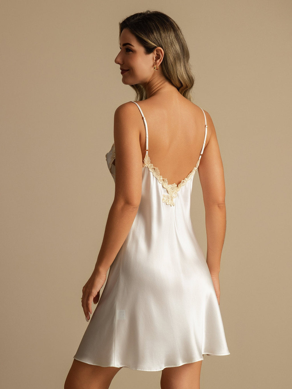 100% Mulberry Silk Spaghetti Strap Short Nightgown with Lace V-Back Design