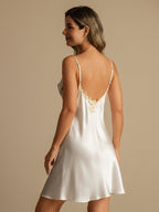 100% Mulberry Silk Spaghetti Strap Short Nightgown with Lace V-Back Design