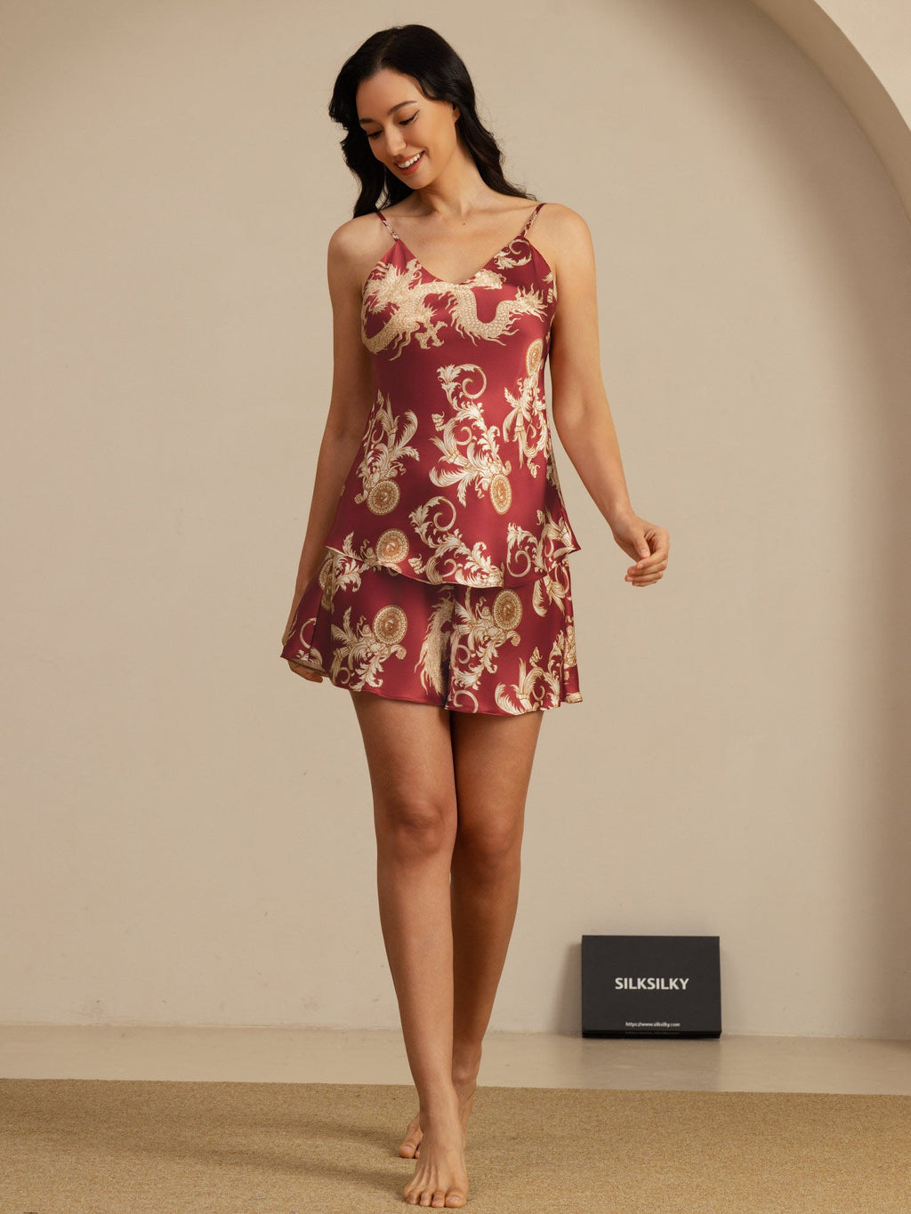 Pure Silk Dragon Print Spaghetti Strap V Neck Camisole Set