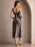 100% Mulberry Silk Spaghetti Strap V Neck Midi Dress