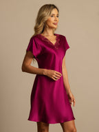100% Mulberry Silk Short Sleeve Lace V-neck Short Nightgown with Split Hem