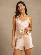 100% Mulberry Silk Spaghetti Strap V Neck Camisole Set with Lace Design