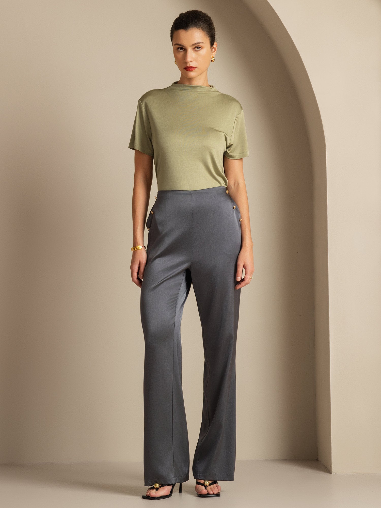 19Momme Silk High Waist Straight Fit Women's Pants with Back Elastic Waist Design