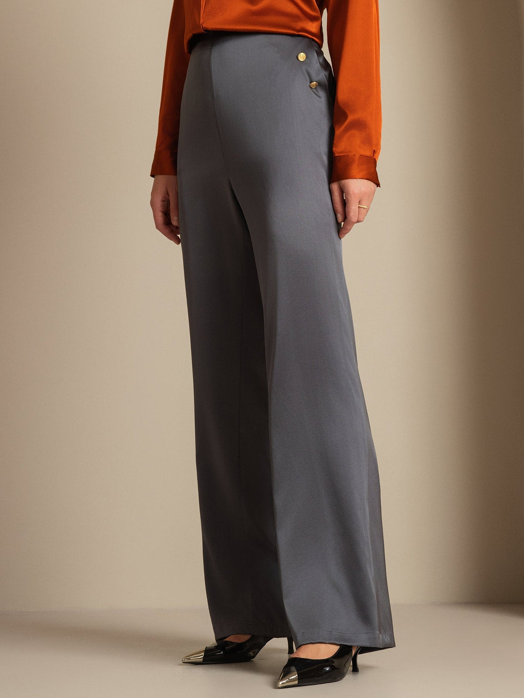 19Momme Silk High Waist Straight Fit Women's Pants with Back Elastic Waist Design
