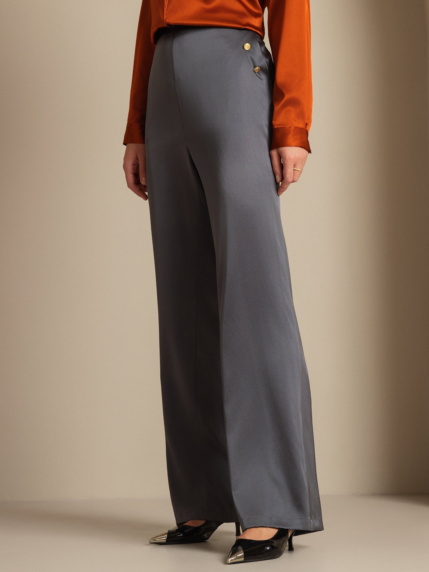19Momme Silk High Waist Straight Fit Women's Pants with Back Elastic Waist Design