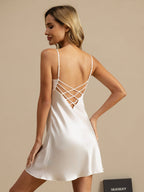 100% Mulberry Silk Spaghetti Strap V-neck Short Nightgown with Lace Criss Cross Back