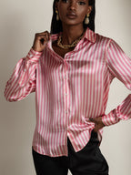 19Momme Silk Stripe Print Long Sleeve Lapel Collar Women's Shirt