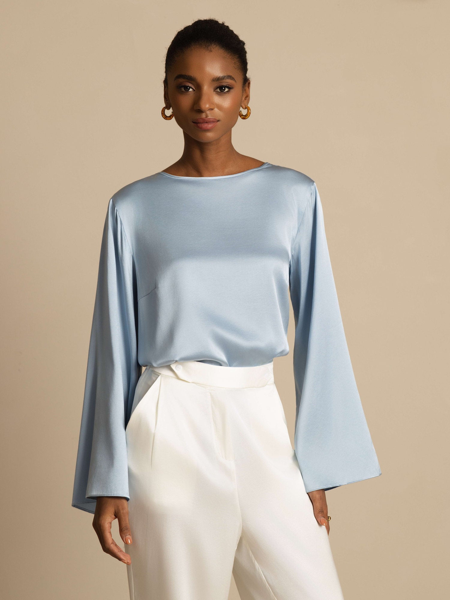 19Momme Silk Bell Sleeve Boat Neck Women's Top