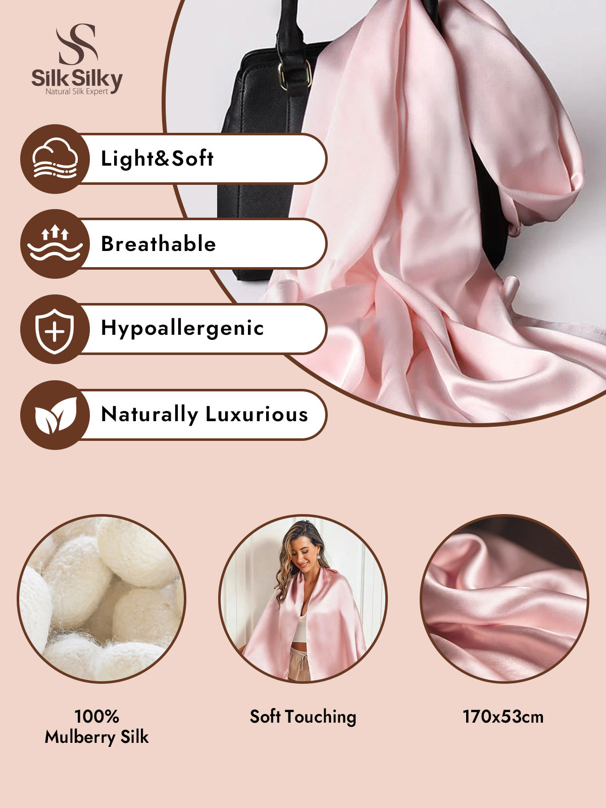 100% Mulberry Silk Long Scarf/Shawl 170x53cm/67