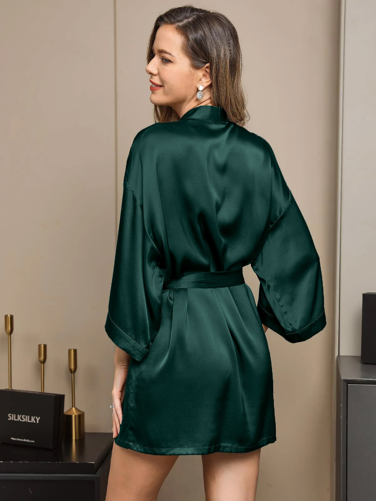 100% Mulberry Silk Short Women's Kimono Robe with Wrap Design