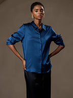 19Momme Silk Long Sleeve Lapel Collar Women's Shirt with Button Up Design