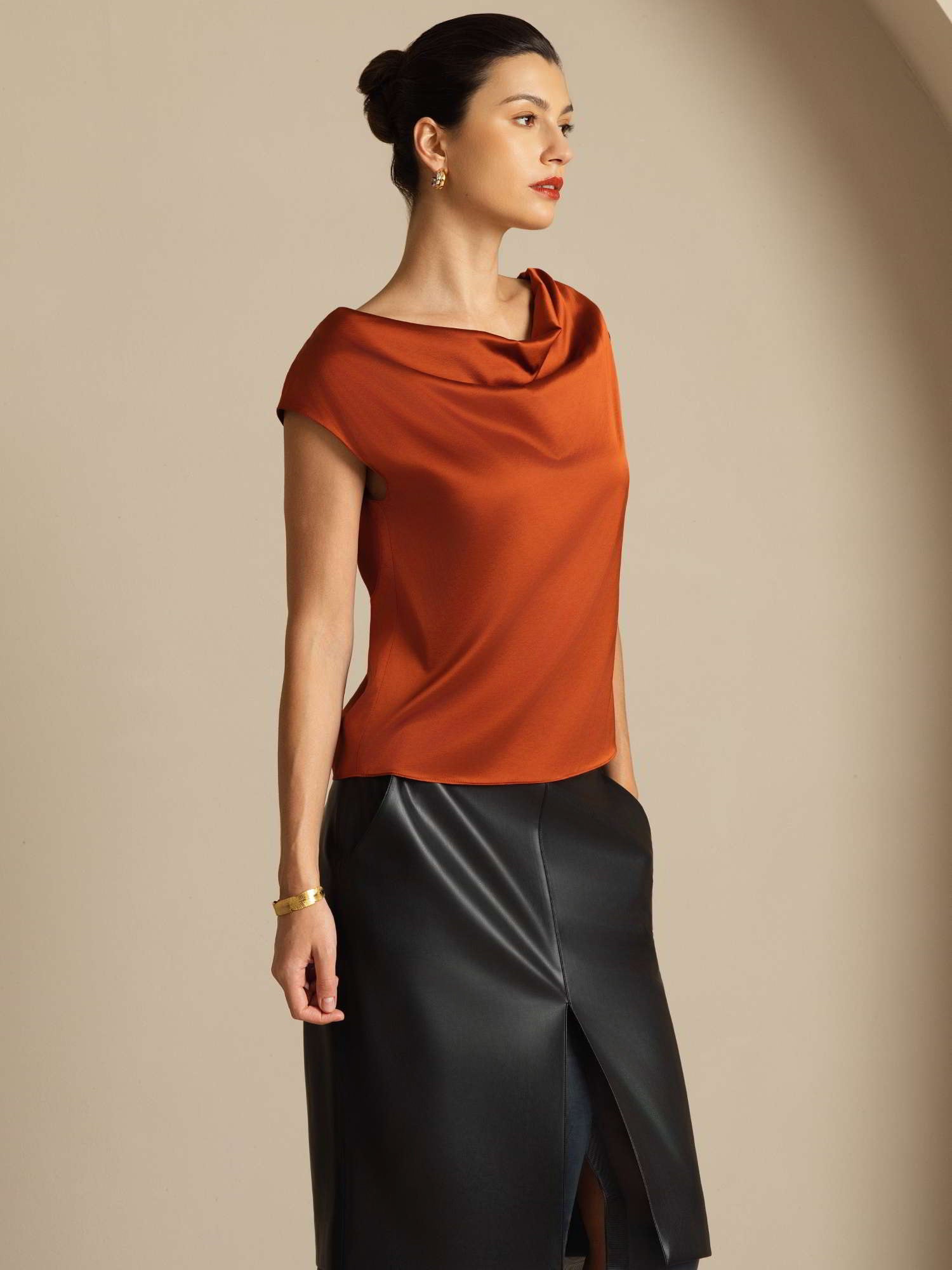 19Momme Silk Cap Sleeve Cowl Neck Women's Top