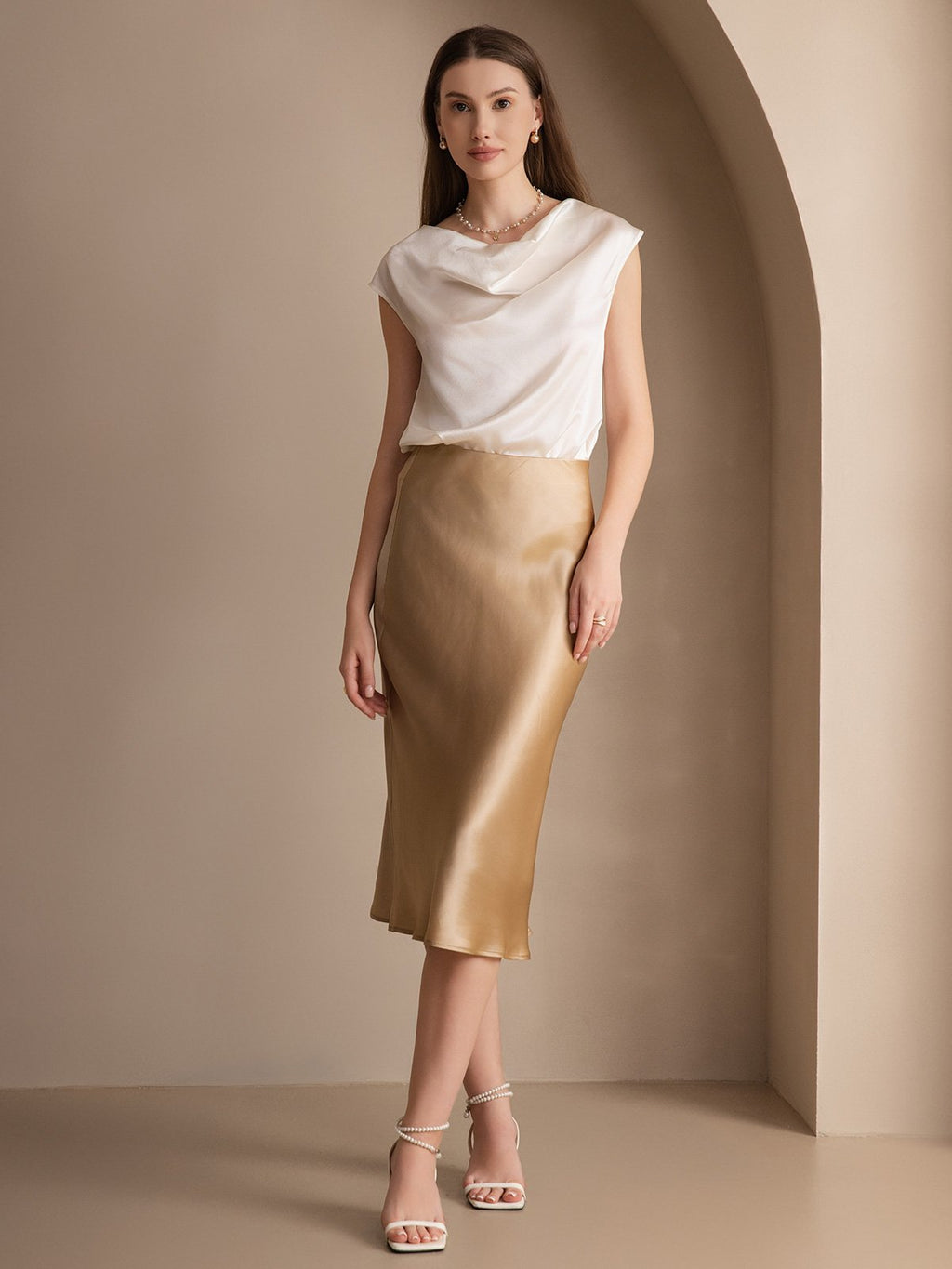 19Momme Silk Cap Sleeve Cowl Neck Women's Top