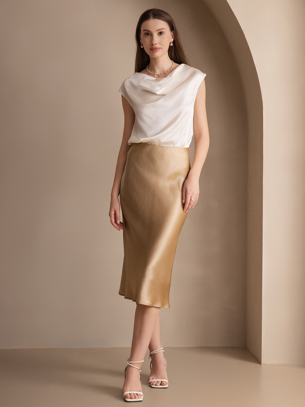 19Momme Silk Cap Sleeve Cowl Neck Women's Top